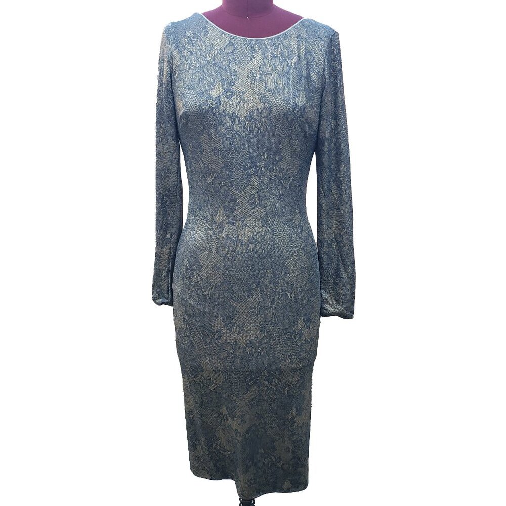 Dress the Population Emery Dress Gold Metallic Jersey Lace Print Midi Medium